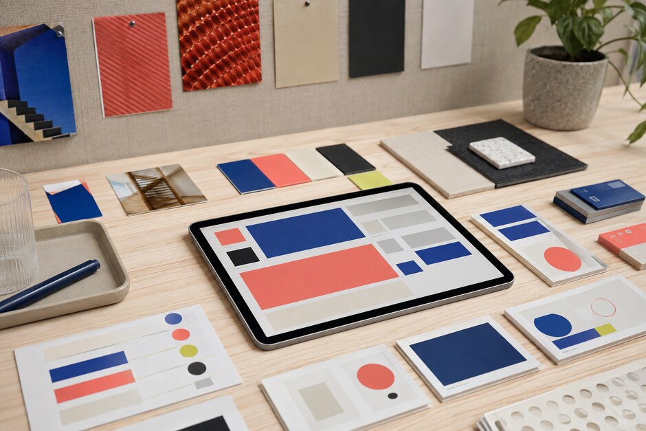 A modular brand toolkit with colour chips, layout cards, image crops, and responsive components.