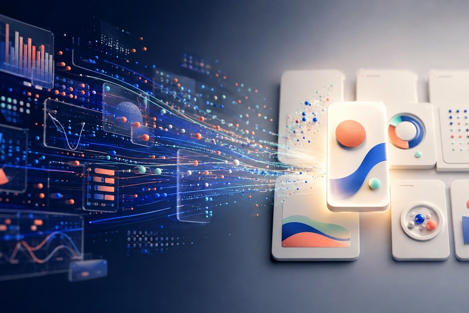 Abstract analytics signals flowing into an organised set of focused creative experiment cards.