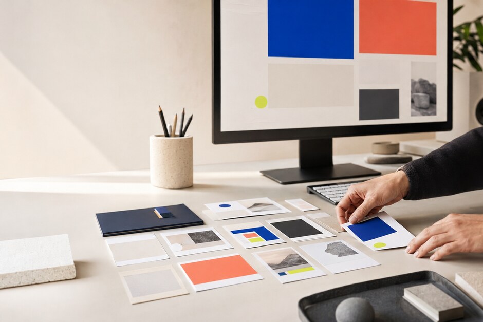 A contemporary digital workspace with modular page layouts, colour swatches, and abstract interface cards.