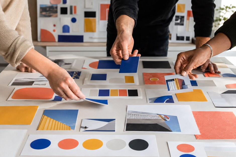 Hands collaborating with colour tokens, image crops, and modular brand layout cards.