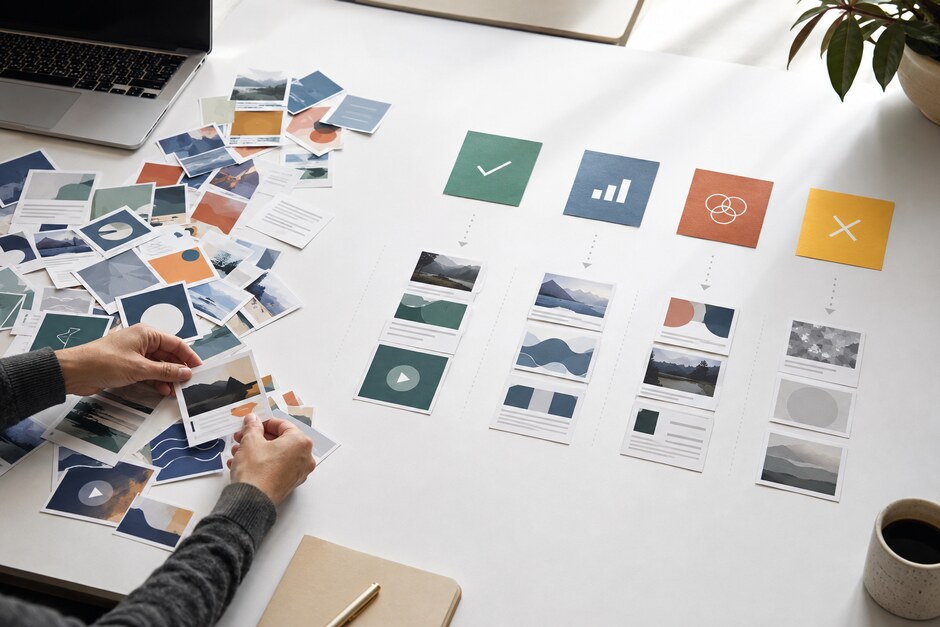Digital content tiles being sorted from a scattered inventory into a clear editorial system.