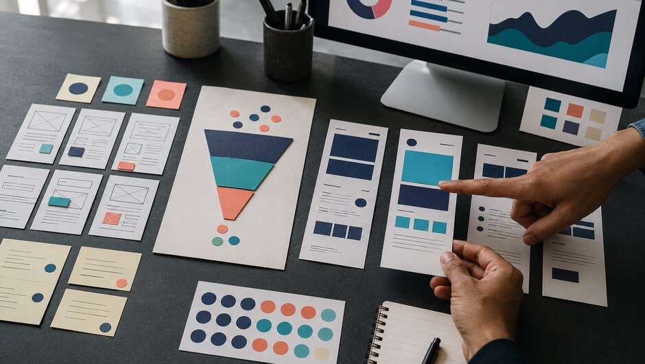 A structured conversion design review using wireframes, abstract analytics, and prioritisation markers.