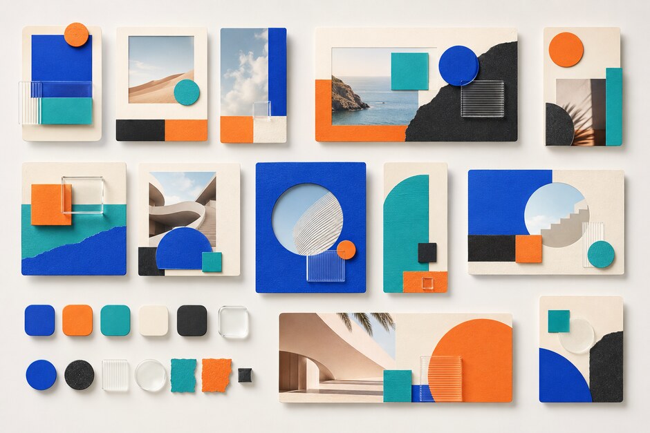 Reusable social design frames adapting one visual language across square, portrait, and landscape formats.