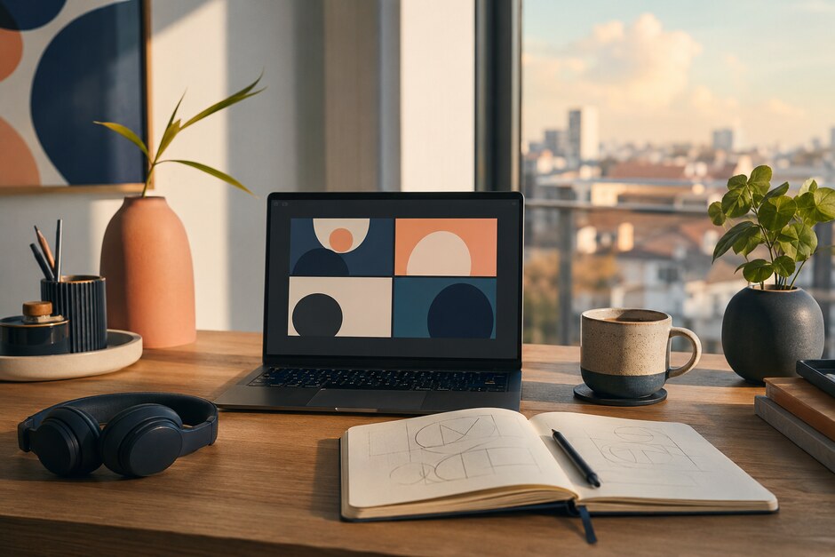 An inviting remote consultation desk with a laptop, notebook, headphones, and warm daylight.