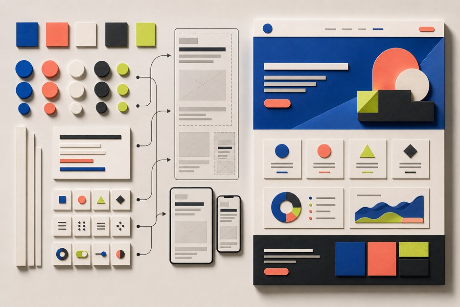 Type, colour, spacing, and responsive layout components arranged as a coherent visual system.